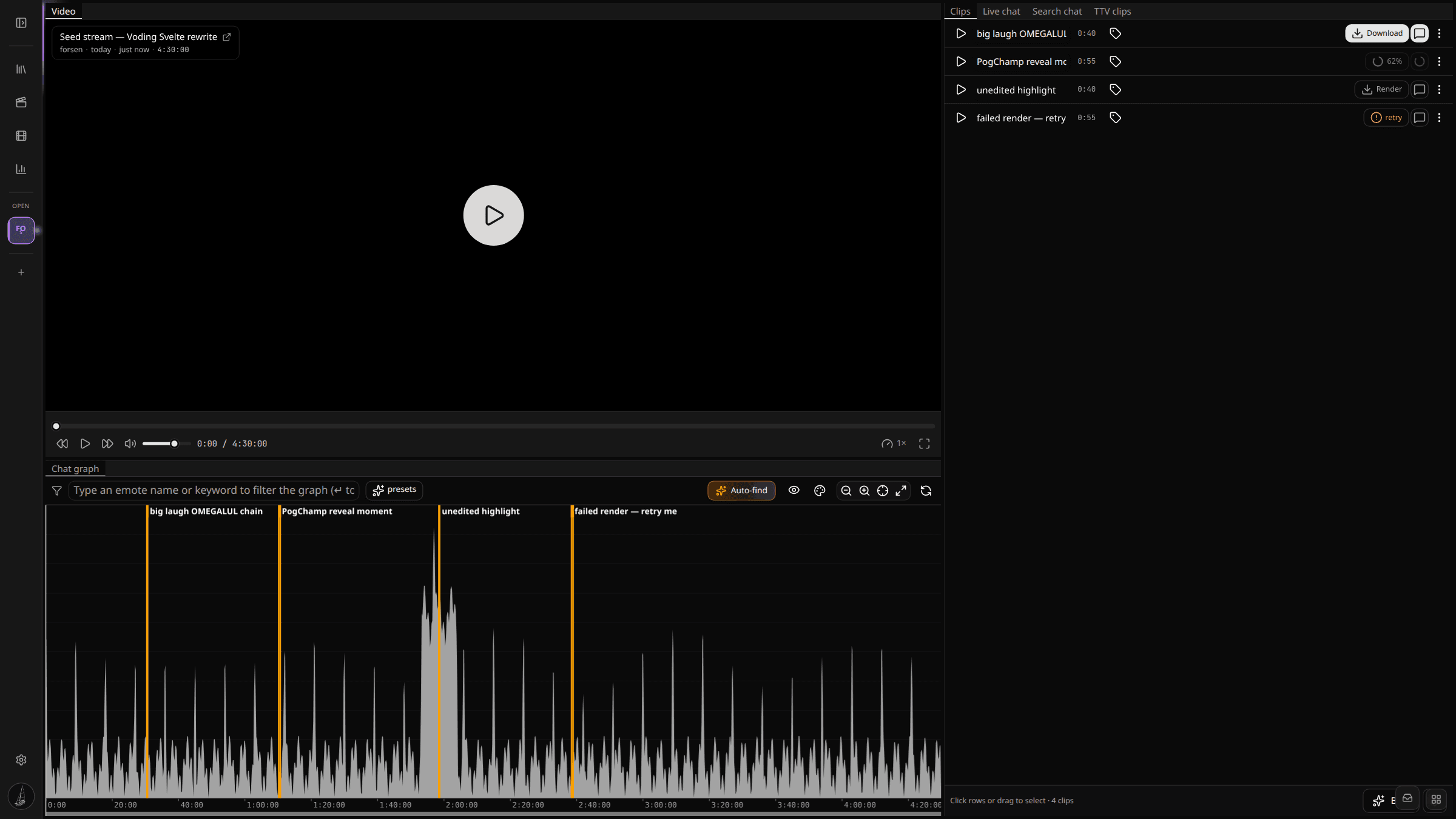 Workspace — video top-left, chat graph along the bottom, clips tab group on the right